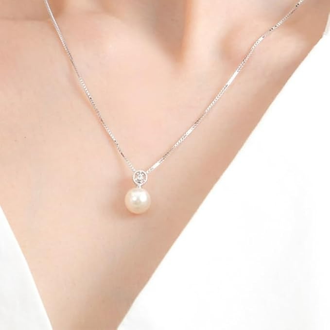 OKKO Akoya Seawater Japan Pearl Diamond Pendant Necklace - Women Silver 925 Wedding Engagement