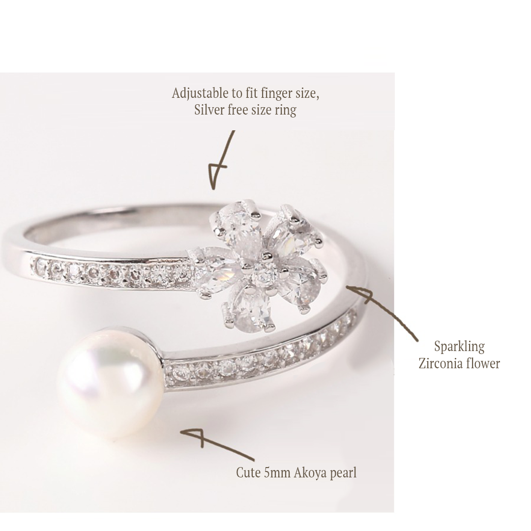 OKKO Akoya Seawater Japan Pearl Silver 925 Ring - Women Luxury Natural Zirconia Rings, Wedding