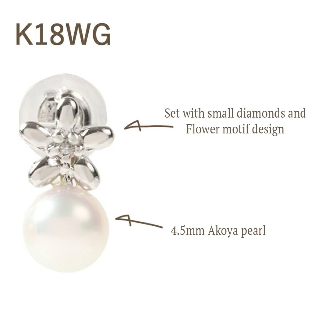 OKKO Akoya Seawater Japan Pearl K18 Gold Flower Earrings - Women Small Ear Stud Diamond Earring