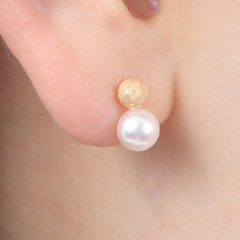 OKKO Akoya Seawater Japan Pearl K18 Gold Snowball Earrings - Women Small Ear Stud Diamond Earring