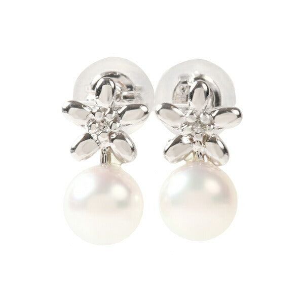 OKKO Akoya Seawater Japan Pearl K18 Gold Flower Earrings - Women Small Ear Stud Diamond Earring