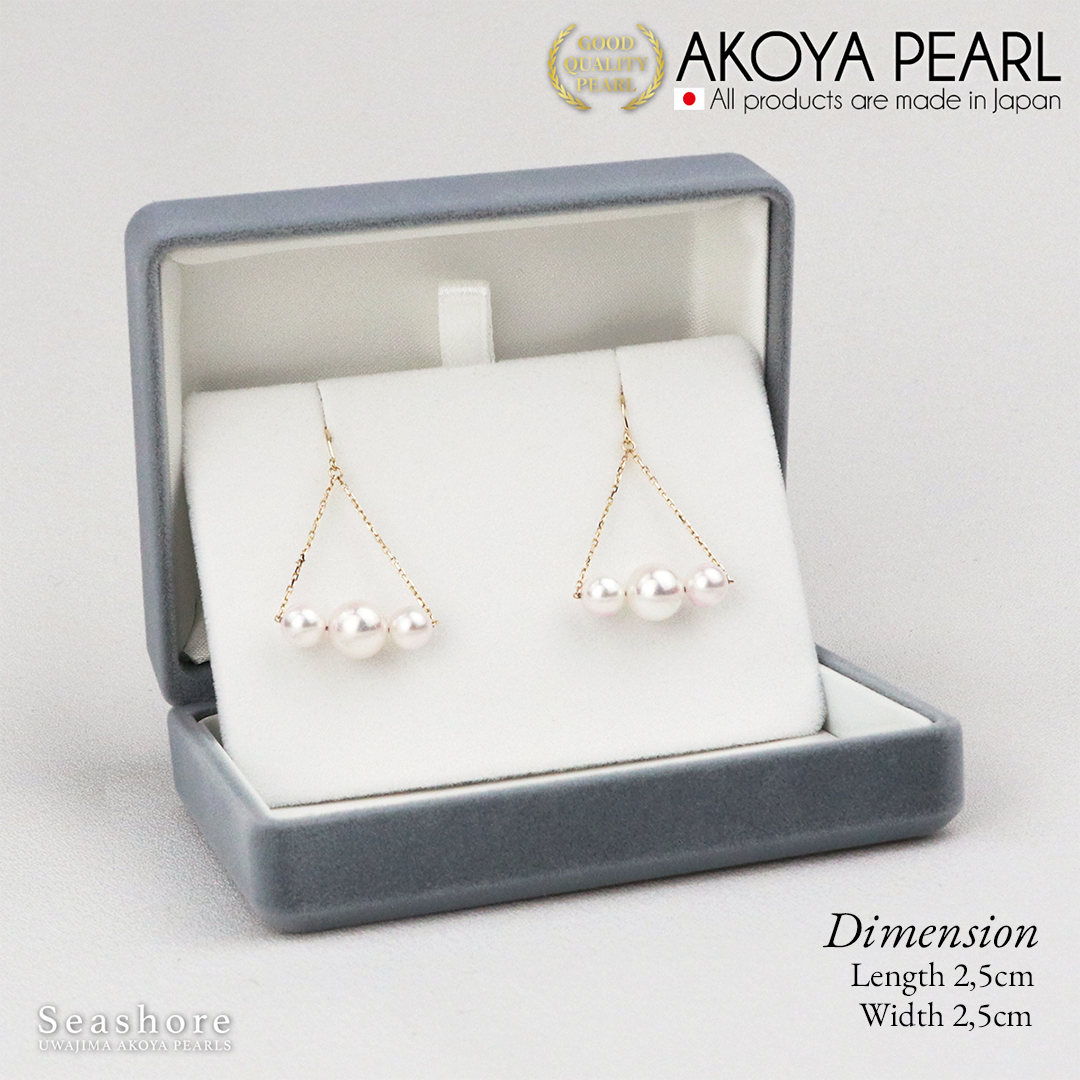 Akoya Seawater Pearl Earrings - Women K18 Gold Chain Small Ear Stud Earring, Wedding Engagement
