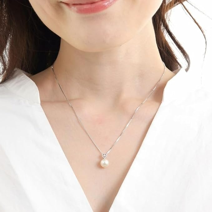 OKKO Akoya Seawater Japan Pearl Diamond Pendant Necklace - Women Silver 925 Wedding Engagement