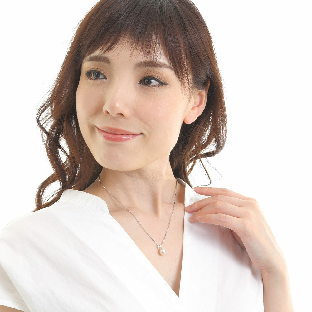 OKKO Akoya Seawater Japan Pearl Diamond Pendant Necklace - Women Silver 925 Wedding Engagement