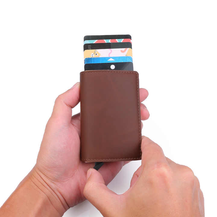 RFID Anti-theft Ultra-thin Aluminum Alloy Slim Wallet - Brown