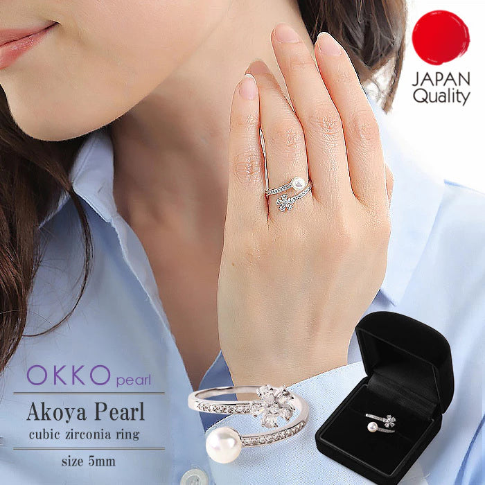 OKKO Akoya Seawater Japan Pearl Silver 925 Ring - Women Luxury Natural Zirconia Rings, Wedding