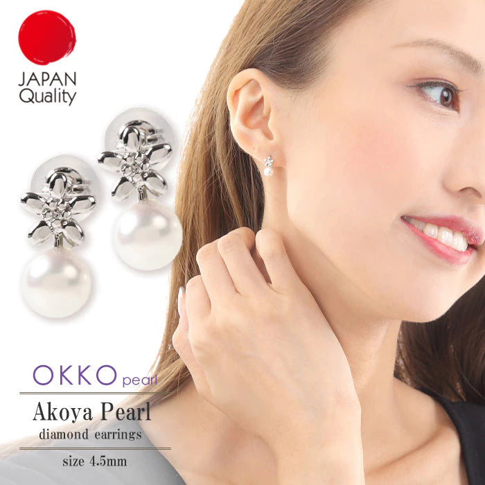 OKKO Akoya Seawater Japan Pearl K18 Gold Flower Earrings - Women Small Ear Stud Diamond Earring