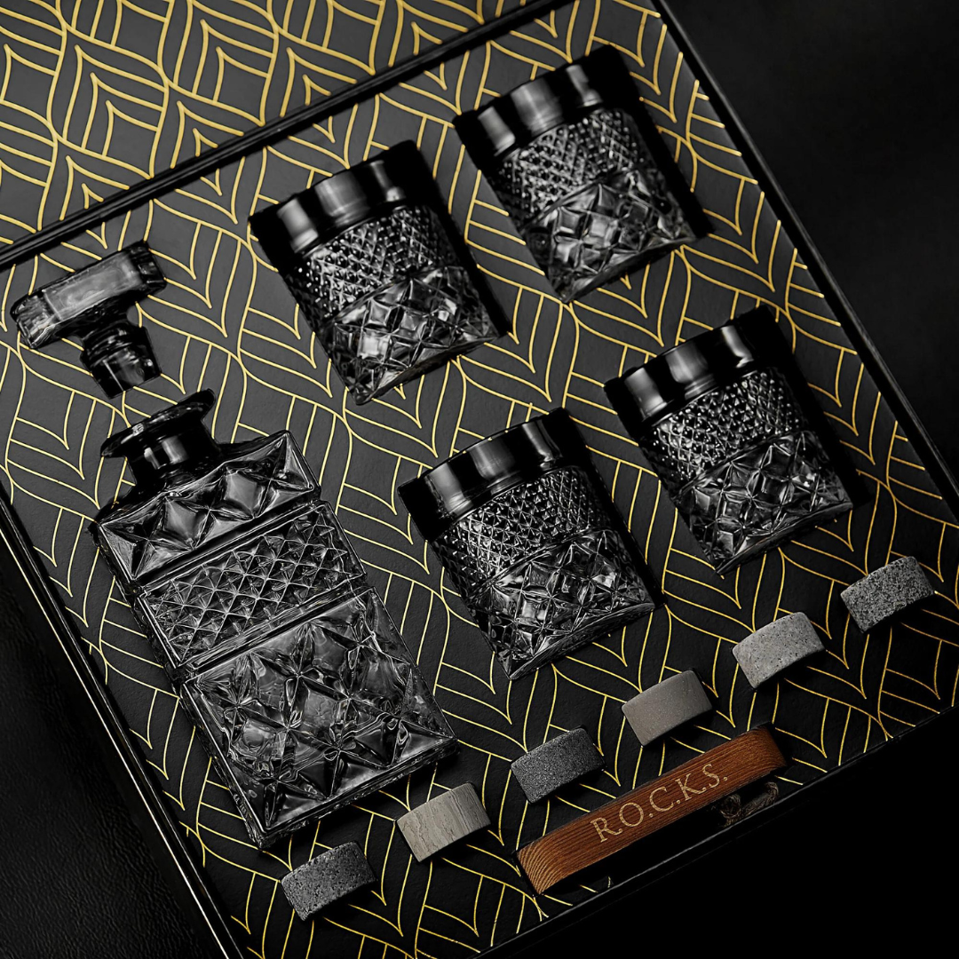 R.O.C.K.S Decanter Whiskey Glass & Granite Chilling Stones - 6 Reusable Ice Cubes for Vodka, Liquor, Wine
