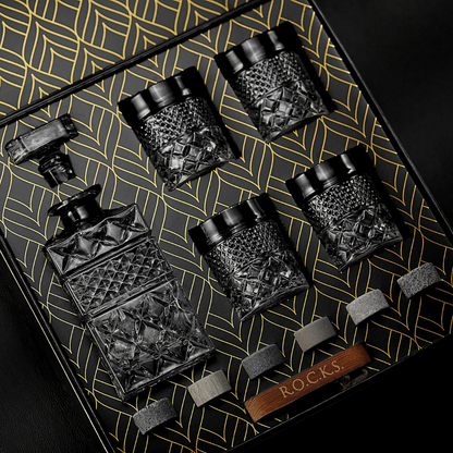 R.O.C.K.S Decanter Whiskey Glass & Granite Chilling Stones - 6 Reusable Ice Cubes for Vodka, Liquor, Wine