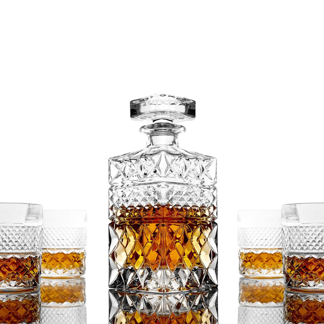 R.O.C.K.S Decanter Whiskey Glass & Granite Chilling Stones - 6 Reusable Ice Cubes for Vodka, Liquor, Wine