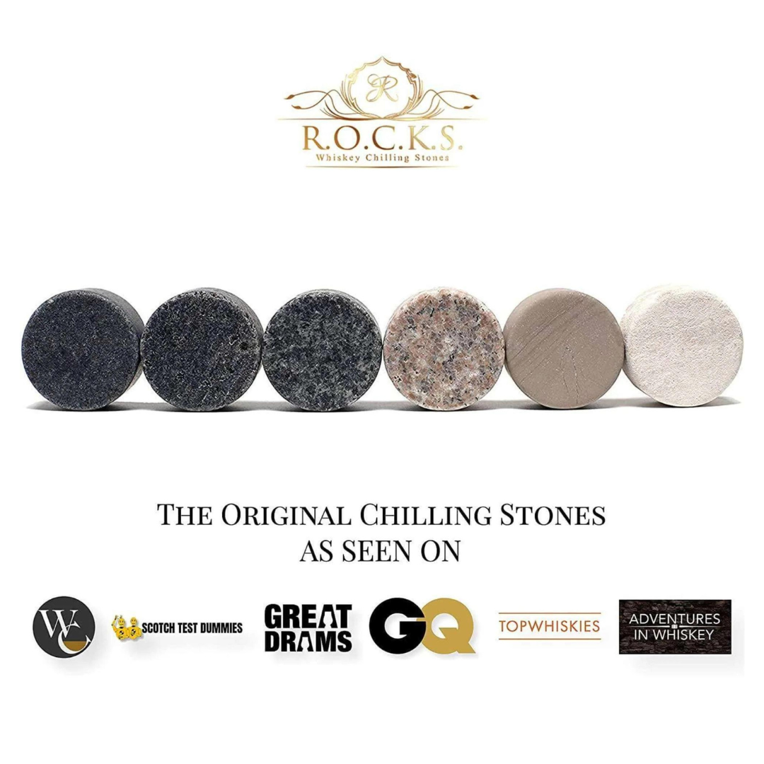 R.O.C.K.S Decanter Whiskey Glass & Granite Chilling Stones - 6 Reusable Ice Cubes for Vodka, Liquor, Wine