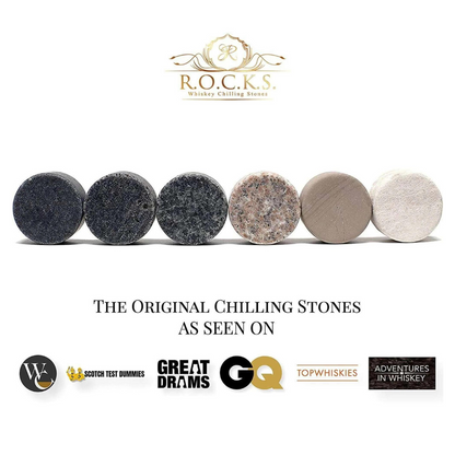 R.O.C.K.S Decanter Whiskey Glass & Granite Chilling Stones - 6 Reusable Ice Cubes for Vodka, Liquor, Wine