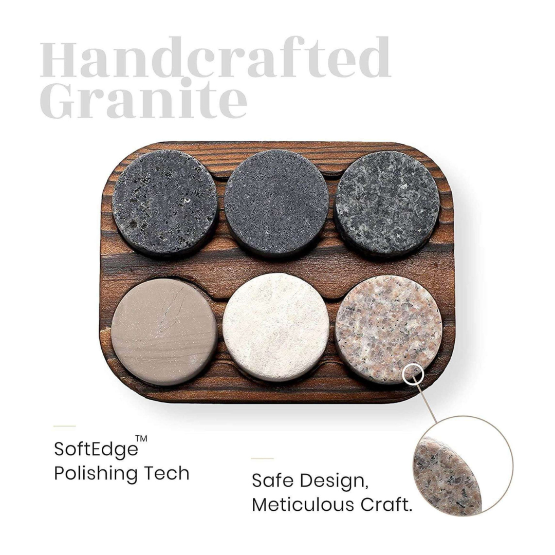 R.O.C.K.S Decanter Whiskey Glass & Granite Chilling Stones - 6 Reusable Ice Cubes for Vodka, Liquor, Wine