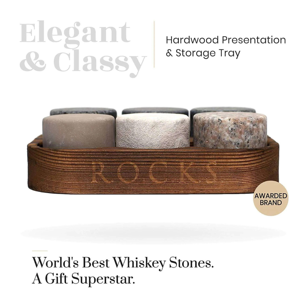 R.O.C.K.S Decanter Whiskey Glass & Granite Chilling Stones - 6 Reusable Ice Cubes for Vodka, Liquor, Wine
